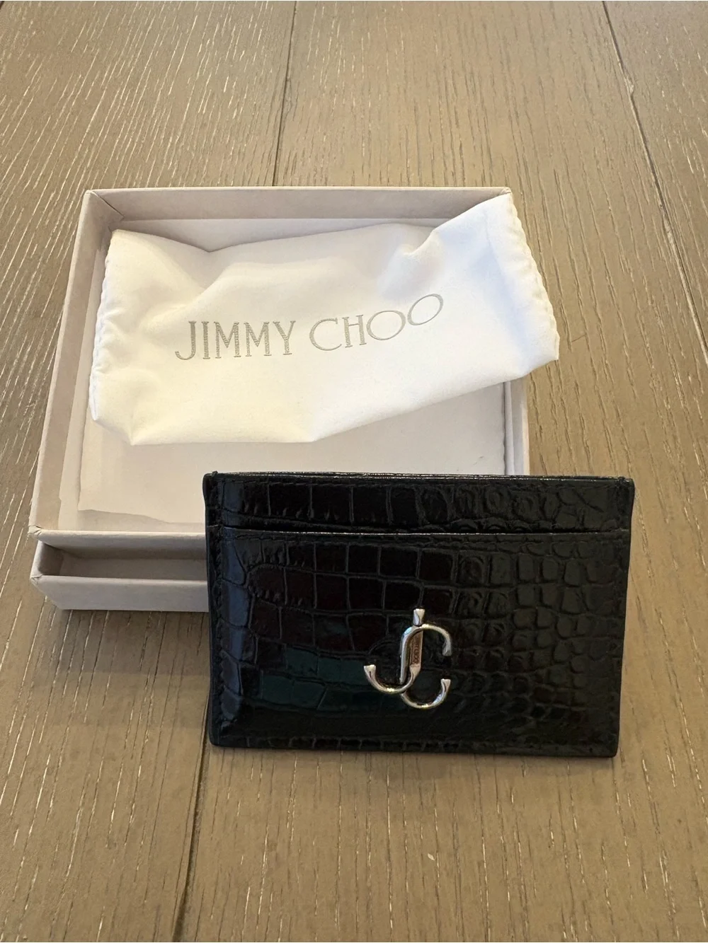 Jimmy Choo Black Croc-Embossed Leather Card Case with Silver JC Logo